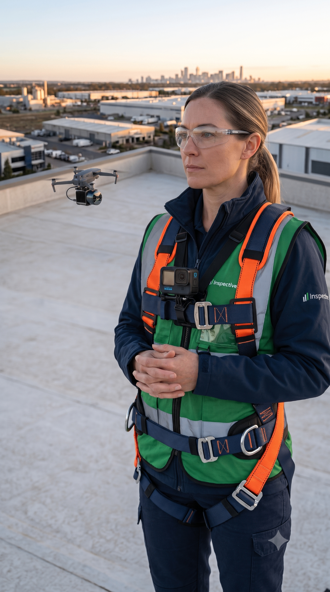 Commercial building inspector on a rooftop at golden hour